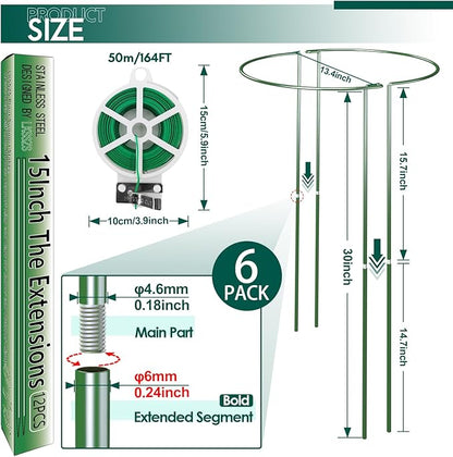 6 Pack 30 inch Plant Support Stakes, Heavy-Duty Half Round Peony Support, Garden Plant Stakes Cage for Outdoor Plants, Peony, Tomato, Hydrangea, (15In Support +15In Stainless Extension Tubes)