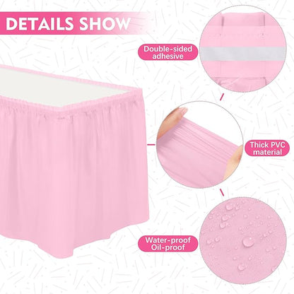 TURSTIN 2 Pieces Pink Plastic Table Skirts 14 x 29 Feet for Rectangle Tables Fitted Tablecloth Disposable Table Cover for Birthday Party, Events, Banquette Baby Shower