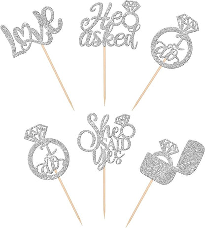 30 PCS He Asked She Said Yes Cupcake Toppers Diamond Ring Cupcake Picks Love I Do Bridal Shower Cupcake Decorations for Wedding Enaggement Theme Party Cake Decorations Supplies Silver