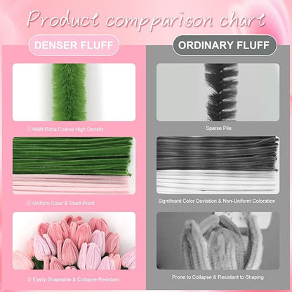 400 Pcs Soft Craft Pipe Cleaners Flowers,4 Colors Chenille Stems Bulk with Floral Wires,Tape,Greeting Card,Bouquet Paper,Hot Glue Stick,Stamen & Ribbon, Holiday Gifts for Women,Men,Teens,Elder