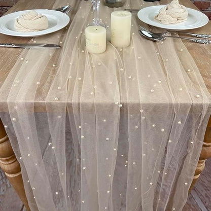 EHLDekol Pearl Table Cloth Elegant Polyester Table Runner with Artificial Pearl Accents Extra Long 10ft 60 x 120 Inches Pearl Tulle Table Runner for Wedding (60inch Width, Champagne, 1 Piece)