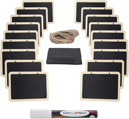 ONUPGO 16 Pack Chalkboard Tags for Baskets with String, Mini Erasable Chalkboards with Hanging String, Wooden Mini Chalkboard Signs, Hanging Chalkboard Labels, Price Tags, Message Tags