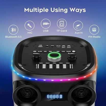 25.9''Karaoke Machine with 2 Wireless Microphones, 5.3 Speakers Bluetooth Speaker for Adults New Party Portable PA System Outdoor Bluetooth with 8” Woofer Wireless with Party Light(Recordable)