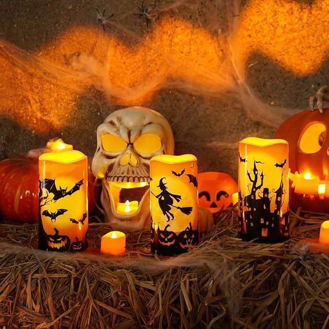 Homemory Halloween Candles, Orange Flameless Candles, Outdoor Waterproof Printed Decals Battery Operated LED Pillar Candles with Remote Timers for Fall Festival Spooky Decor, 3”x6”, Plastic, Set of 3
