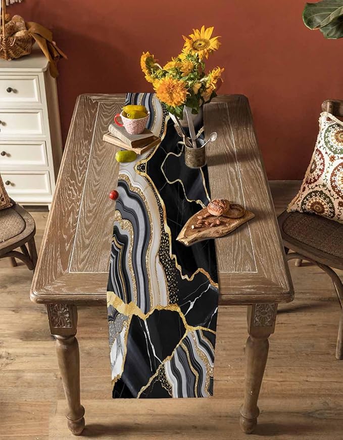 Geometric Black Marble Cotton Linen Table Runner for Dining Kitchen, Wedding Outdoor Party Tablerunners Decoration, Farm Marble Liquid Ripple Abstract Dresser Scarf Coffee Tablecloth Runners 13''x72''