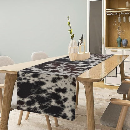 Cow Print Table Runner, Country Farm Animal Fur Skin Pattern Western Style Black Brown Cowhide Print Dinner Runner for Home Kitchen Dining Home Setting, 13x60 Inch