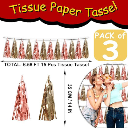 3P Rose Champagne Gold Metallic Fringe Tassel Banner Garland Foil Tinsel Streamer Wall Hanging Curtain Backdrop Banner for Parade Floats, Graduation Decorations, Wedding Party Decoration