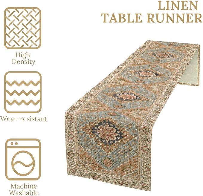 Vintage Boho Floral Table Runner, Rustic Country Farmhouse Grey Blue Orange Bohemia Flower Pattern for Home Kitchen Table Decor Dining Coffee Room Party Decor 13x72in