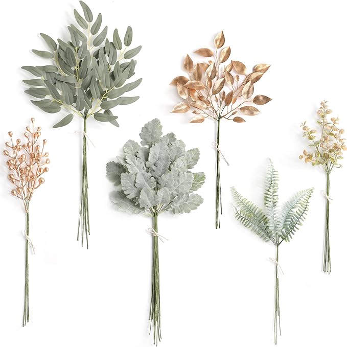 Serra Flora Artificial Greenery Spray Box Set(Pack of 54pcs) with 6 Kinds of Golden Green Filler for Wedding Bouquet Table Centerpieces and Floral Arrangement (Golden&Green)