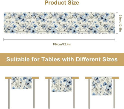 Watercolor Floral Table Runner, Blue Poppy Flower Seasonal Spring Summer Table Runner for Kitchen Dinning Table Runner Decor Home Wedding Party Holiday, 13x120 Inch