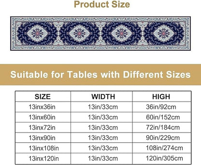 Elegant Palace Boho Blue Table Runner Vintage French Style Farmhouse Geometric Home Farmhouse Kitchen Table Dining Coffee Room Garden Party Wedding Decor 13x108in