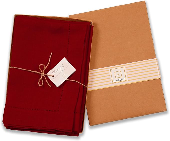 100% Pure Linen Red Napkins 20 x 20 Inch - Hemstitch Christmas Dinner Napkins Set of 4 - Cloth Fabric Napkins for Thanksgiving, Winter, New Year - Elara