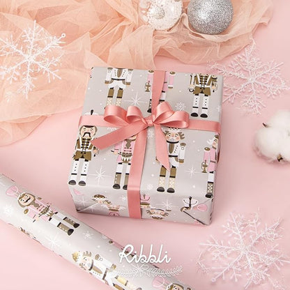 Ribbli Reversible Christmas Wrapping Paper Rolls, Nutcracker and Candy Cane Pink Gift Wrapping Paper-17 Inch x 33 Feet