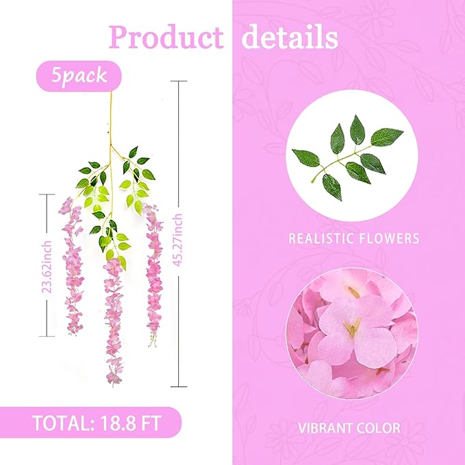 5 Pack Pink Wisteria Hanging Flowers Garland, 3.77 Feet Artificial Flower Vines, Fake Wisteria, Artificial Vines Hanging Garland for Backdrop Outdoor Yard Garden Decor