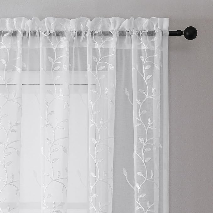 VISIONTEX White Sheer Voile Curtains, Decorative Beige Leaves Embroidery Faux Linen Rod Pocket Window Drapes for Home Kitchen, Living Room and Bedroom 54 x 63 Inch, Set of 2 Curtain Panels
