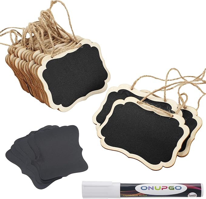 ONUPGO 16 Pack Chalkboard Tags with Liquid Chalk Marker, Double Sided Blackboard with Hanging String, Wooden Mini Erasable Chalkboard Signs, Hanging Chalkboard Labels, Price Tags, Message Tags