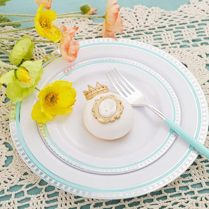 COLOSUS 125pcs Disposable Silver Blue Plastic Plates and Silverware .Light baby blue dinnerware party set include 25 Dinner Plate 25 Dessert Plate 75 silverware for Easter day Party Dinner
