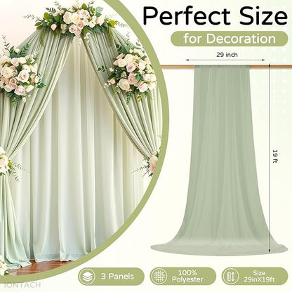 Wedding Arch Draping Fabric 29" x 19Ft Sheer Drapes for Backdrop Wedding Ceremony Reception Ceiling Decor Curtain Baby Bridal Shower Decoration (Sage Green, 3 Panels)