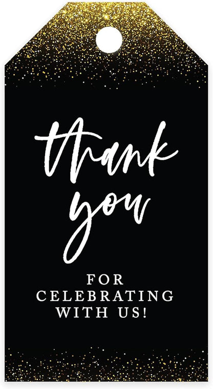 Andaz Press 100-Pack Thank You for Celebrating with Us Favor Tags Gold Glitter with Black Cardstock Gift Tags with Bakers Twine for Wedding Baby Shower Bridal Shower Party Favors 2 x 3.75-Inches