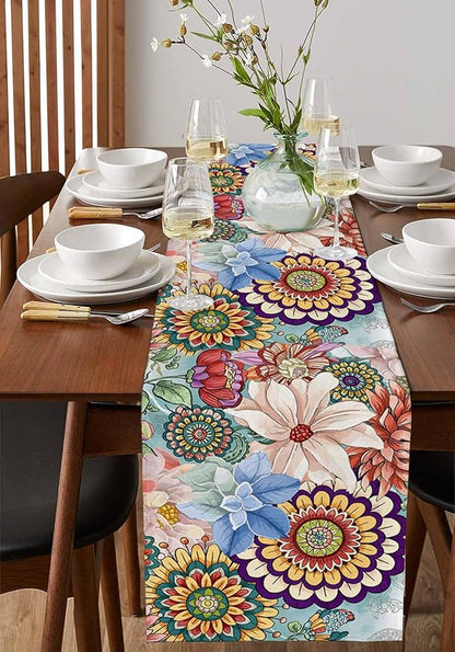 Boho Flowers Cotton Linen Table Runner for Dining Kitchen, Wedding Outdoor Party Tablerunners Decoration, Colorful Floral Farm Vintage Botanical Dresser Scarf Coffee Tablecloth Runners 13x36 Inches