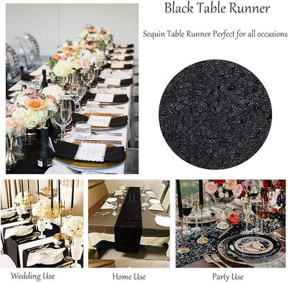 Sequin Table Runners 5 Pieces Black Table Runners 12x72 Inch Glitter Dining Table Cover for Party Wedding Birthday Reception Banquet Decoration Spring Party Chair Sashes