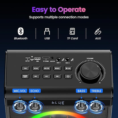 Karaoke Machine, Portable Bluetooth Speaker with 2 Wireless Microphones for Adults & Kids - PA System, LED Lights, Bass/Treble Control, AUX/USB/TF/FM for Home Party Outdoor Singing