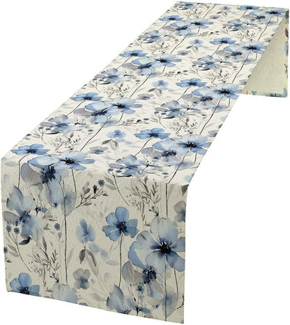 Watercolor Floral Table Runner, Blue Poppy Flower Seasonal Spring Summer Table Runner for Kitchen Dinning Table Runner Decor Home Wedding Party Holiday, 13x108 Inch