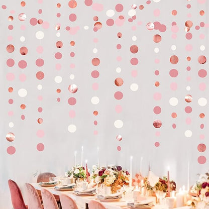 Rose Gold Party Decorations Dusty Pink Circle Dots Garland Blush Pink Hanging Paper Polka Dot Streamer for Birthday Wedding Bridal Shower Bachelorette Engagement Baby Shower Anniversary Party Supplies
