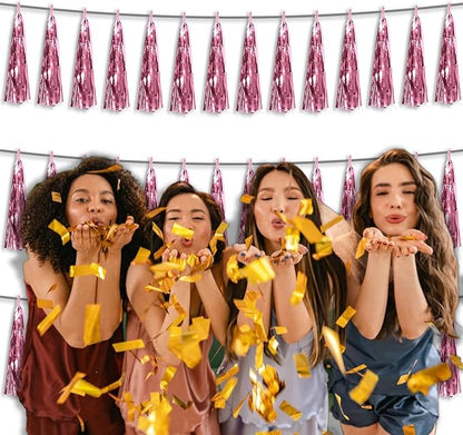 3P Metallic Fringe Tassel Banner Garland Foil Tinsel Streamer Wall Hanging Curtain Backdrop Banner for Parade Floats, Graduation Decorations, Wedding Party Decoration(Pink)