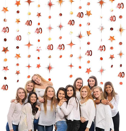 Rose Gold 40th Birthday Decorations Number 40 Circle Dot Twinkle Star Garland Metallic Hanging Streamer Bunting Banner Backdrop for Women 40 Year Old Birthday Forty Anniversary Party Supplies