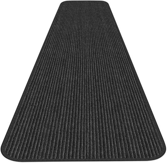 House, Home and More Indoor Outdoor Double-Ribbed Carpet Runner with Skid-Resistant Rubber Backing - Smokey Black - 4 Feet x 25 Feet