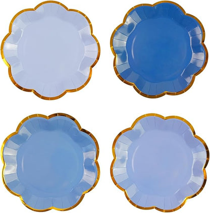 48Pcs Light Blue Scalloped Party Plates - 7inch Gold Foil Gradient Blue Dessert Paper Plate Disposable Cake Plates for Birthday Bridal Baby Shower Wedding Party Decorative Supplies