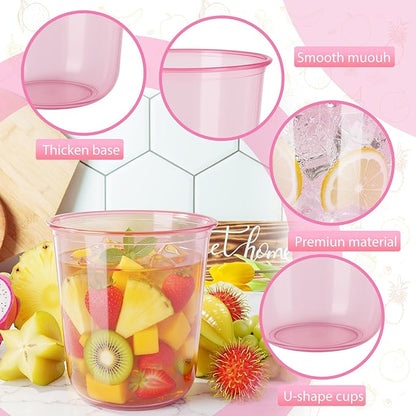 60 Pcs Disposable Stemless Clear Glasses 12 oz NATURAL Arc Crystal Plastic wine glasses Clear Classic Pet Cup for Meeting Weddings Birthdays Cocktail Christmas Party Supplies(Pink)