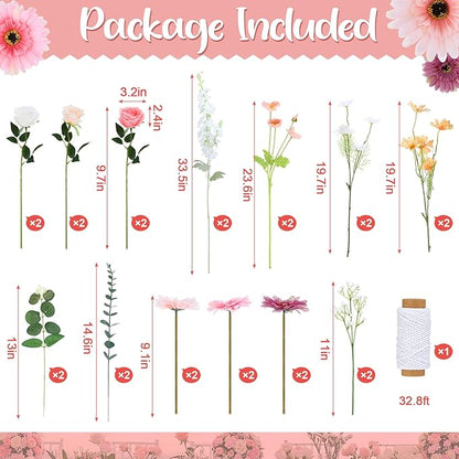 Hoteam 51 Pcs DIY Flower Garland Artificial Hanging Wildflower Backdrop Set Fake Rose Eucalyptus Daisy Poppy Wild Flower Decor for Wedding Party Birthday Home Garden (White,Champagne,Pink)