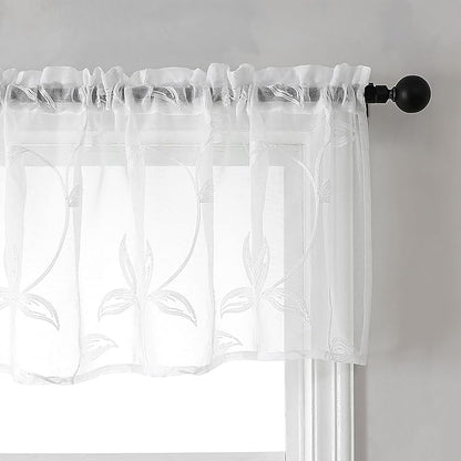 VISIONTEX Sheer Voile Curtain Valances, Decorative Leaves Embroidered, Rod Pocket Window Treatment for Kitchen/Rustic Bedroom/Living Room (54 x 16 Inch,1 Panel)