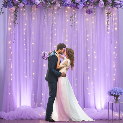 Lavender Tulle Backdrop Curtain with Lights String for Wedding Baby Shower 20×8ft Lavender Sheer Backdrop Curtain for Bridal Shower Birthday Party Photoshoot Background Decorations(4 Panels 5×8ft)