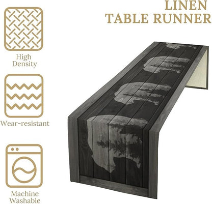Rustic Country Bear Table Runner, Black Wood Wooden Cabin Wild Animals Hunting Table Cloth for Home Kitchen Dining Table Runner 13x90 Inch