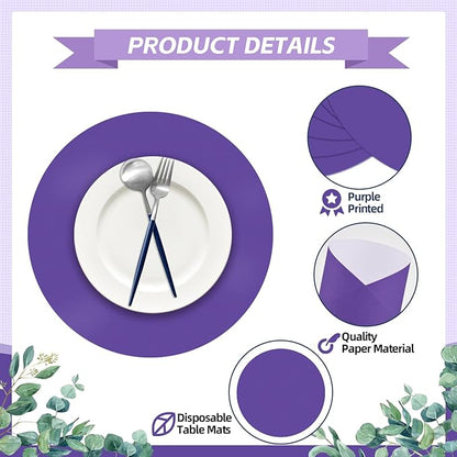 50 Pieces Purple Paper Place Mats Round Disposable Table Mats Purple Paper Doilies Decorative Placemats for Wedding Banquet Party Home Dining Tableware Decor