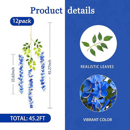 12 Pack Royal Blue Wisteria Hanging Flowers Garland, 3.77 Feet Artificial Flower Vines, Fake Wisteria, Artificial Vines Hanging Garland for Backdrop Outdoor Yard Garden Decor