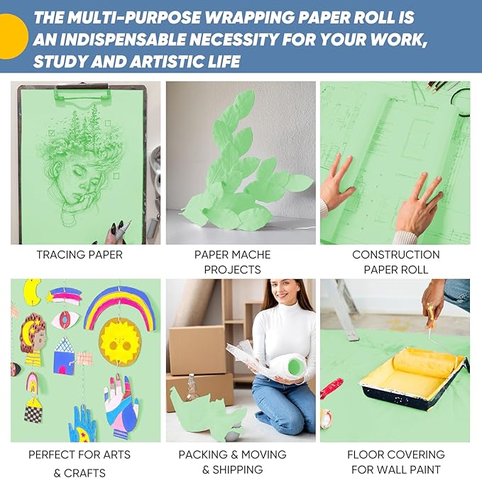 Light Green Wrapping Paper, 15"x900" (75FT) Craft Paper Kraft Paper Roll Poster Bulletin Board Decorative Paper Roll, Happy Birthday Anniversary Bouquet Flower Wedding Gift Wrap