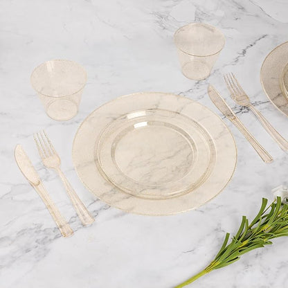 Goodluck 350 Piece Gold Glitter Plastic Dinnerware Set for 50 Guests, Disposable Plates for Party, Include: 50 Dinner Plates, 50 Dessert Plates, 50 Rolled Napkins with Silverware, 50 Cups