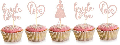 Sotpot 24PCS Bride to Be Cupcake Toppers with Heart Rose Gold Glitter Dress Bridal Shower Cupcake Picks for Wedding Bridal Shower Wedding Engagement Party Cake Decorations