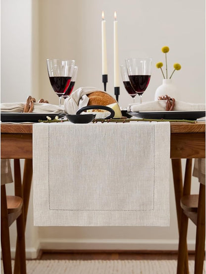 Solino Home Linen Light Natural Table Runner 156 Inches Long - 100% Pure Linen Extra Long Table Runner 14 x 156 Inch for Fall, Autumn, Thanksgiving - Classic Hemstitch