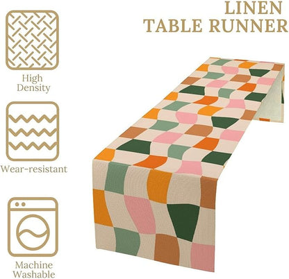 Hippie Table Runner, Vintage Geometric Square Orange Green Pink Grid 60s 70s Style Kitchen Dining Room Decor for Indoor Outdoor Wedding Party Table Runner 13x108 Inch