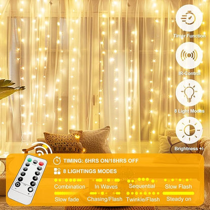 Fairy Curtain Lights Upgraded Tangle-Free Warm White USB Plug in 8 Modes String Hanging Lights with Remote for Christmas, Bedroom, Indoor, Outdoor, Weddings, Party (10FTx10FT)