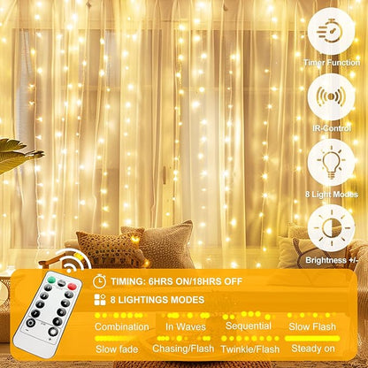 Fairy Curtain Lights Upgraded Tangle-Free Warm White USB Plug in 8 Modes String Hanging Lights with Remote for Christmas, Bedroom, Indoor, Outdoor, Weddings, Party (6.6FTx10FT)