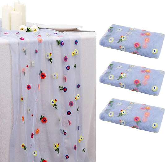 BINBE 3pcs Daisy Fall Table Runner Embroidery Gauze 10FT Florals Seasonal Tulle Holiday Birthday Kitchen Dining Table Decor for Home Party Blue