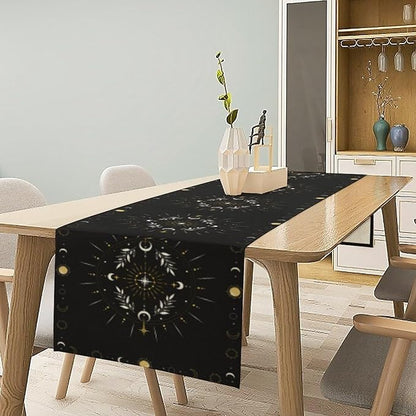 Sun Moon Table Runner - Magical Leaves Mysterious Western Traditional Elements Black White Table Runner for Party Living Room Home Kitchen Dinner - 13x36 Inch