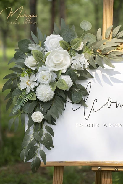Wedding Sign Faux Flower Swag (Pack of 2) for Ceremony Party Reception Entrance Floral Decor Wall Easel Stand for Wedding Poster Welcome Sign (Natural White)