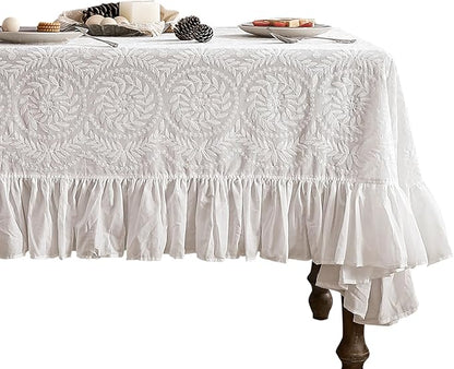 patdrea Vintage Ruffle Tablecloth for Rectangle Tables,Farmhouse Embroidered Cotton White Lace Table Cloth Cover Decor for Dining Room Wedding Banquet Thanksgiving Christmas,67"*106"